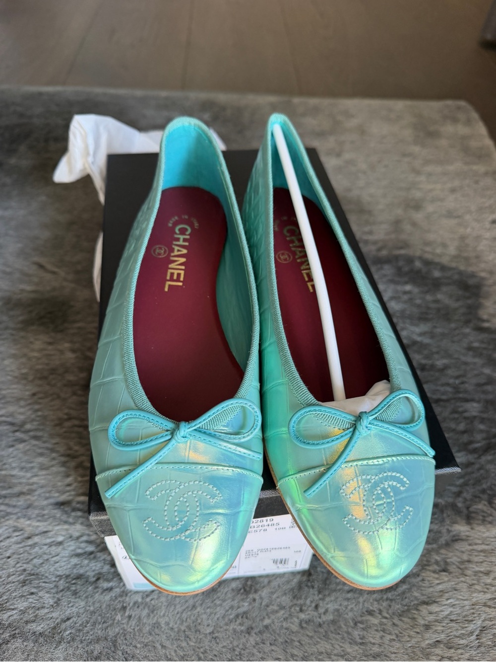 CHANEL Iridescent Turquoise Green Blue Croc embossed Ballet Flats with Bow